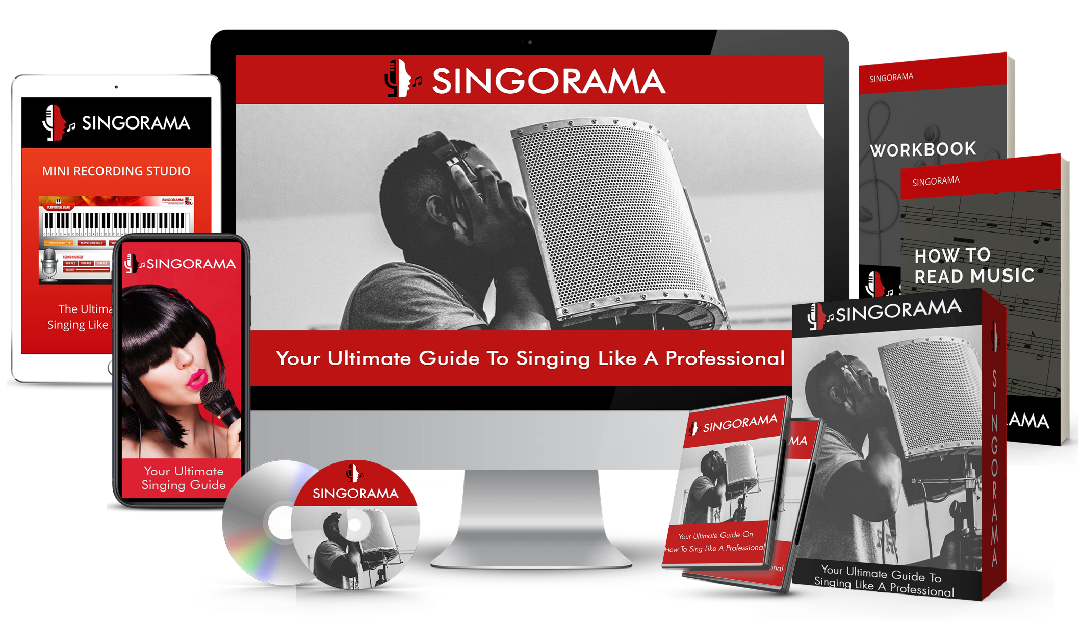 Official Singorama course bundle displayed across computer, tablet, phone, workbook, and software